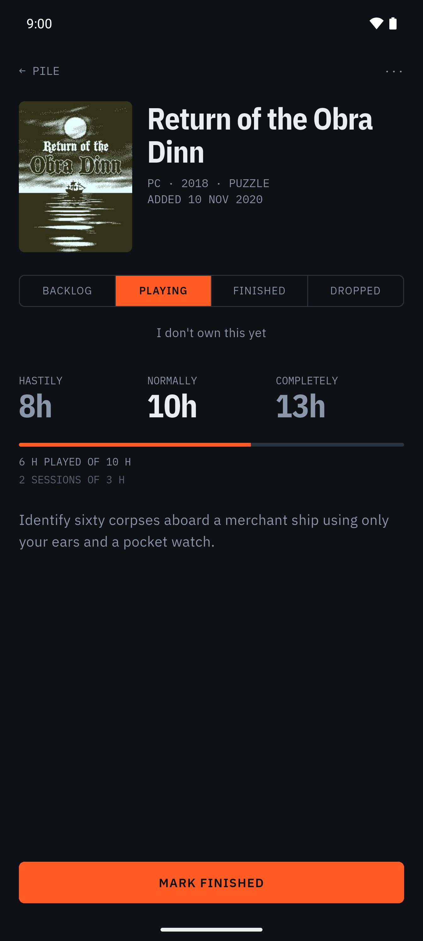 A game detail screen showing hastily, normally and completely playtime estimates above a progress track.