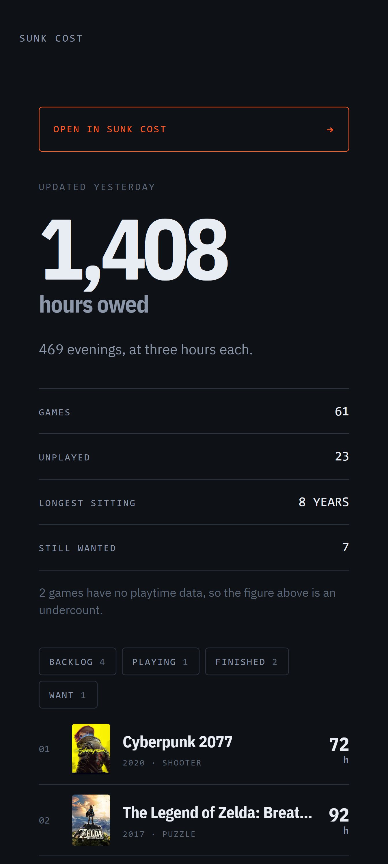 A shared pile open in a mobile browser, showing 1408 hours owed and a button reading OPEN IN SUNK COST.